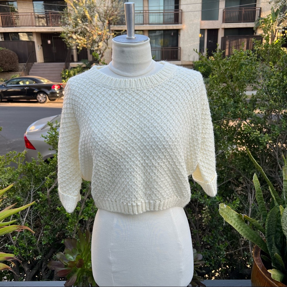 SOLEMIO Cropped Short Sleeve Sweater Loose Weave Ivory Women’s Size Small/Medium